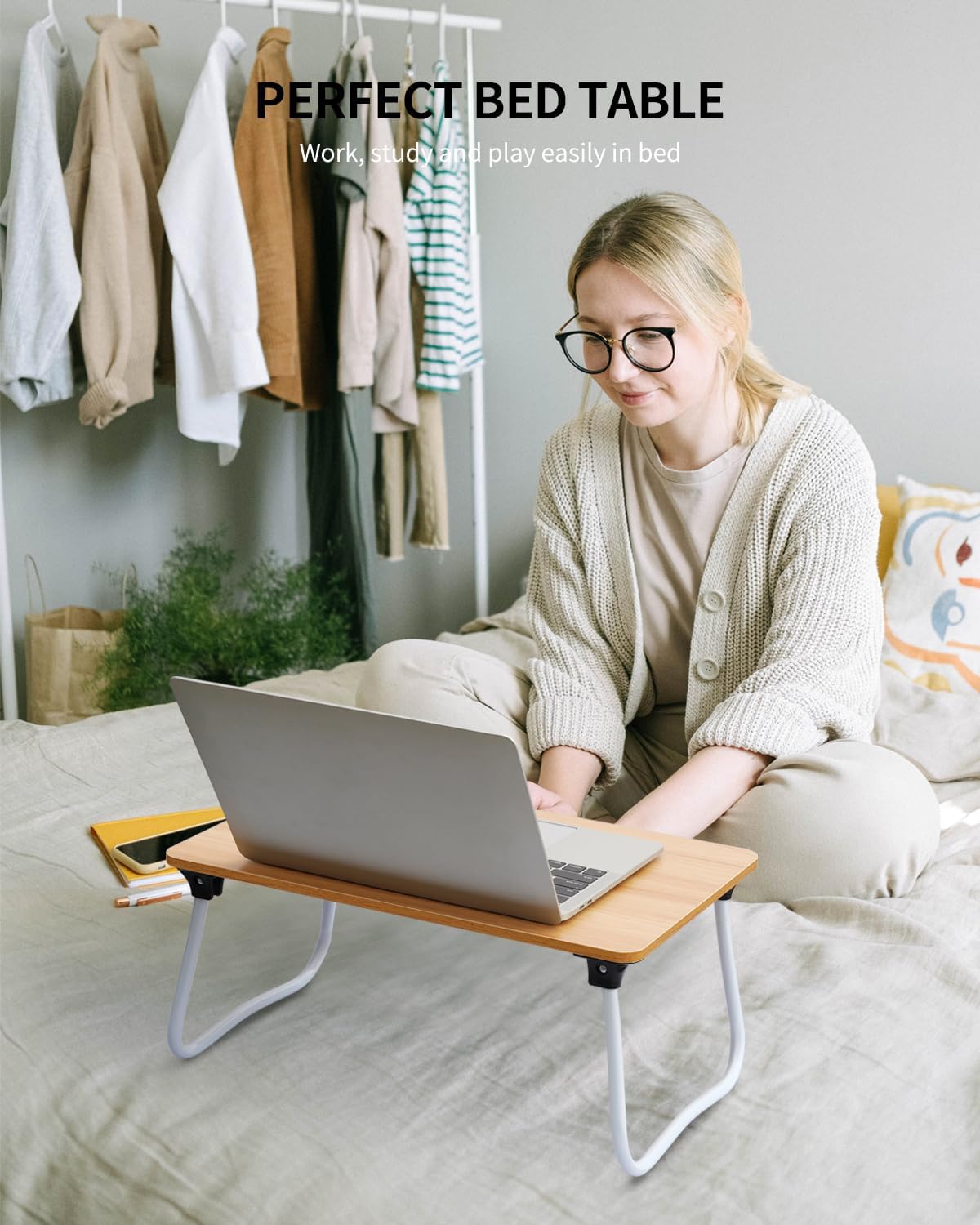 ruxury foldable lap desk laptop stand bed desk shown in use
