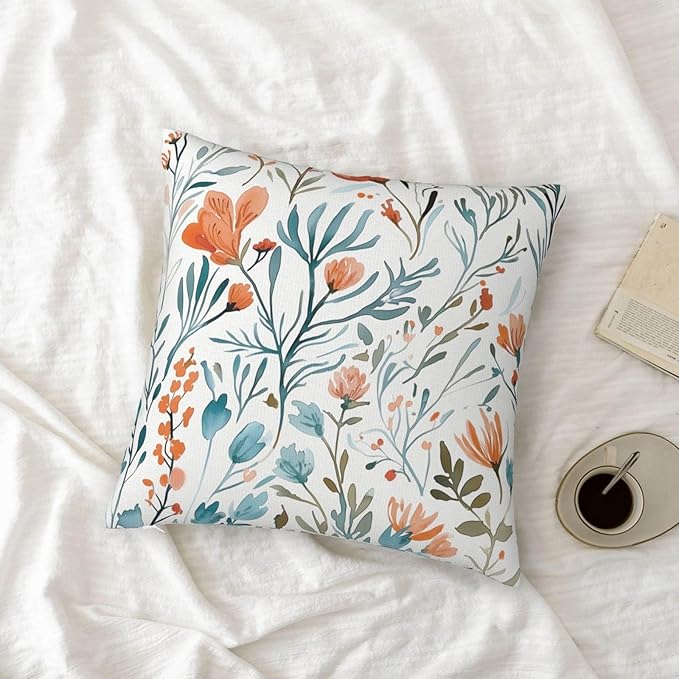 Turquoise Orange Floral Throw Pillow Covers 18x18 in Set of 2 Decorative Teal - Image 4