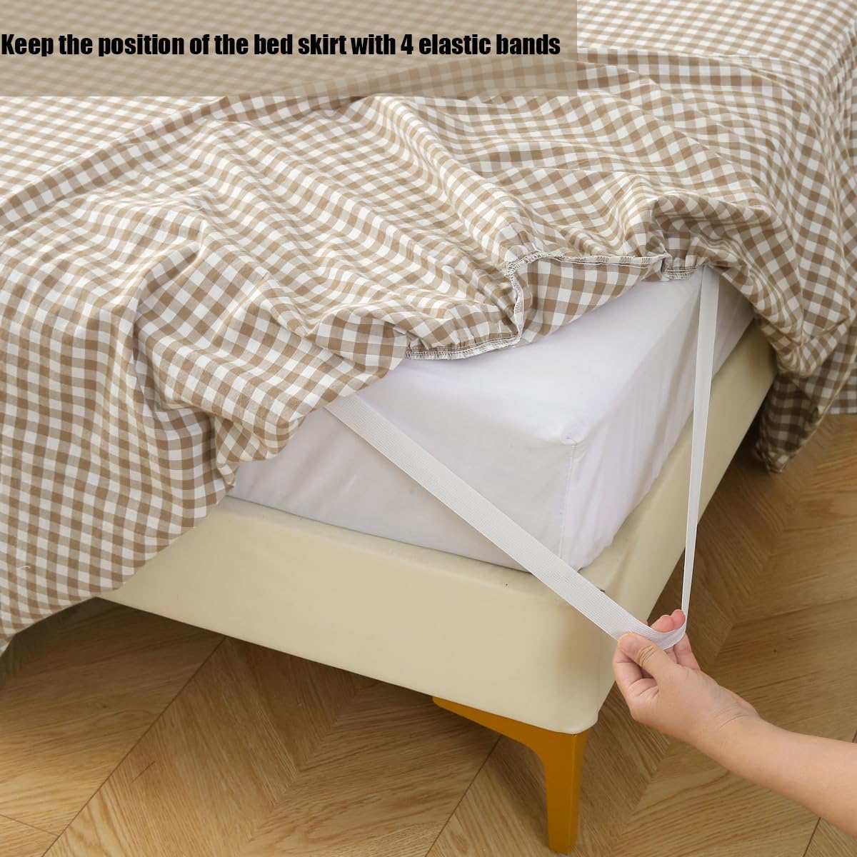 silnuo taupe/white plaid bed skirt gingham dust ruffle, side view