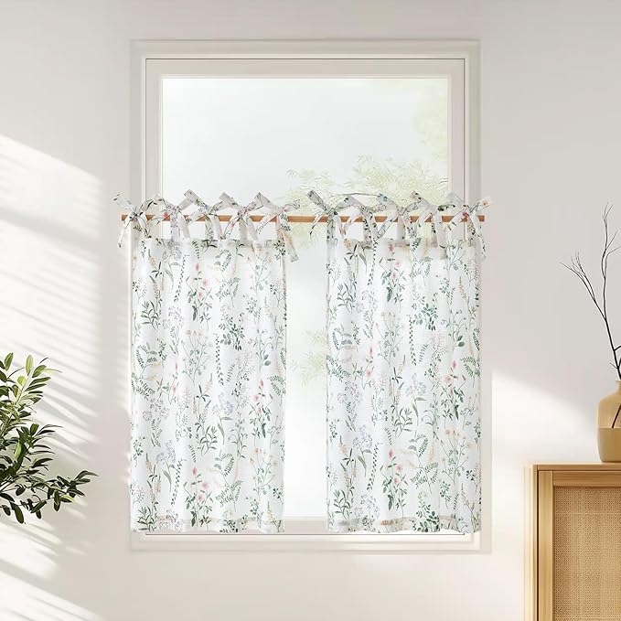 jinchan Linen Kitchen Curtains Floral Printed Tier Curtains 45 Inch Length by JINCHAN