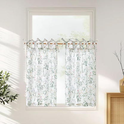 jinchan Linen Kitchen Curtains Floral Printed Tier Curtains 45 Inch Length by JINCHAN