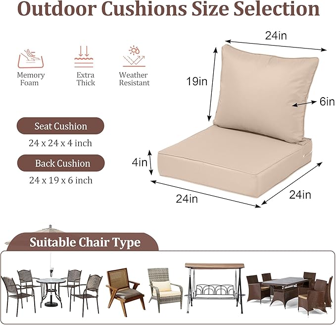 Outdoor Deep Seat Cushions for Patio Furniture Set of 2, Waterproof Outdoor - Image 2