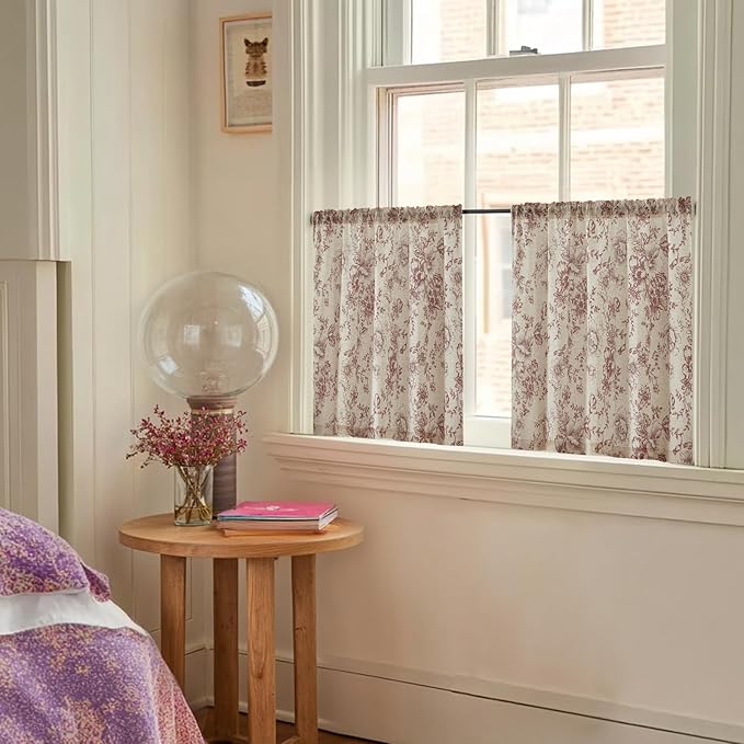 jinchan Floral Linen Tier Curtains Floral Brick Red on Beige Christmas - Image 2