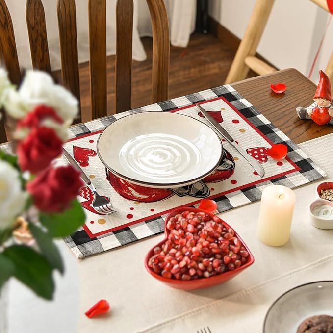 Artoid Mode Buffalo Plaid Red Heart Valentine Placemats Set of 4, 12x18 Inch - Image 6
