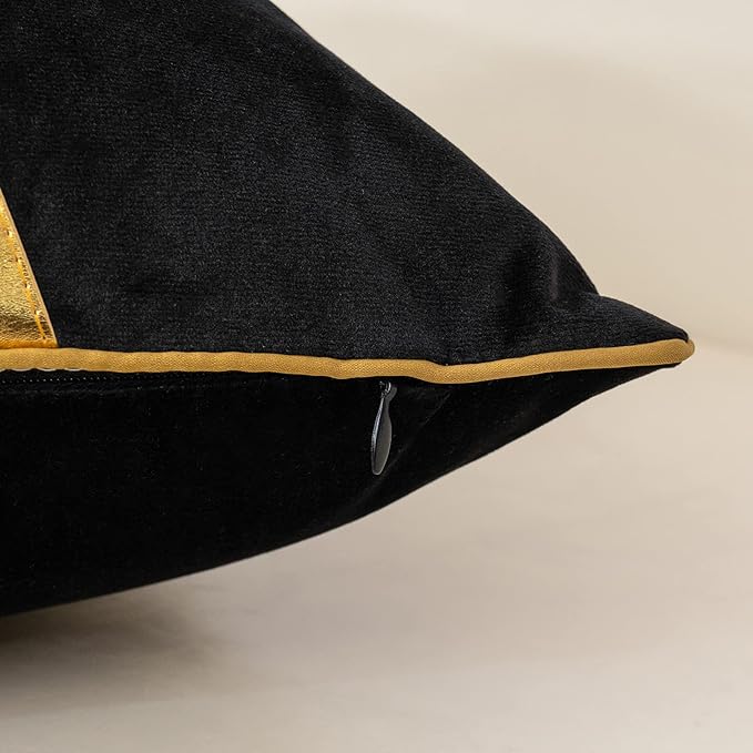 Alerfa 20 x 20 Inch Black Beige Gold Leather Patchwork Velvet & Polyester - Image 5