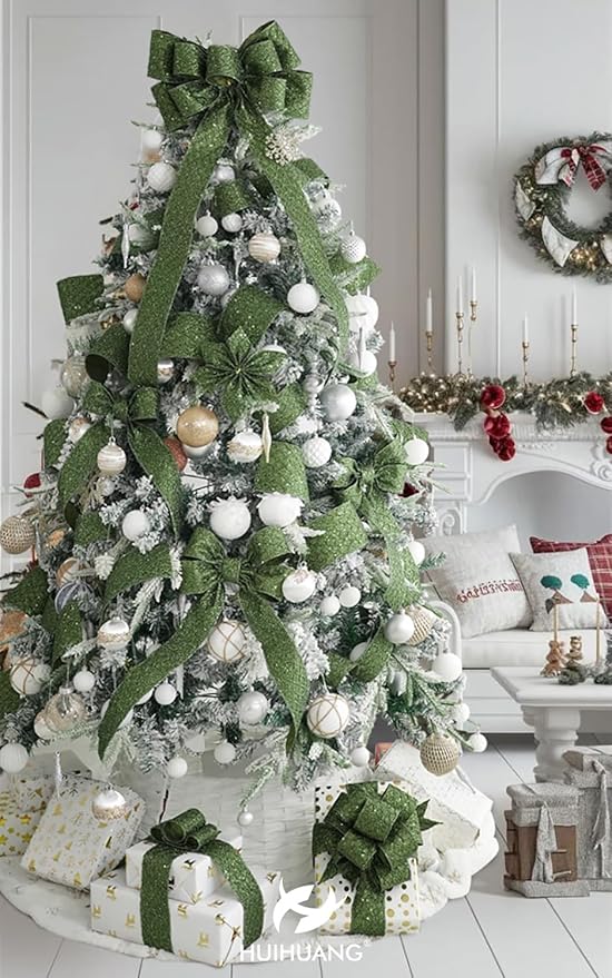 HUIHUANG Moss Green Wired Christmas Ribbon 4 inch Moss Glitter Wired Ribbon - Image 6