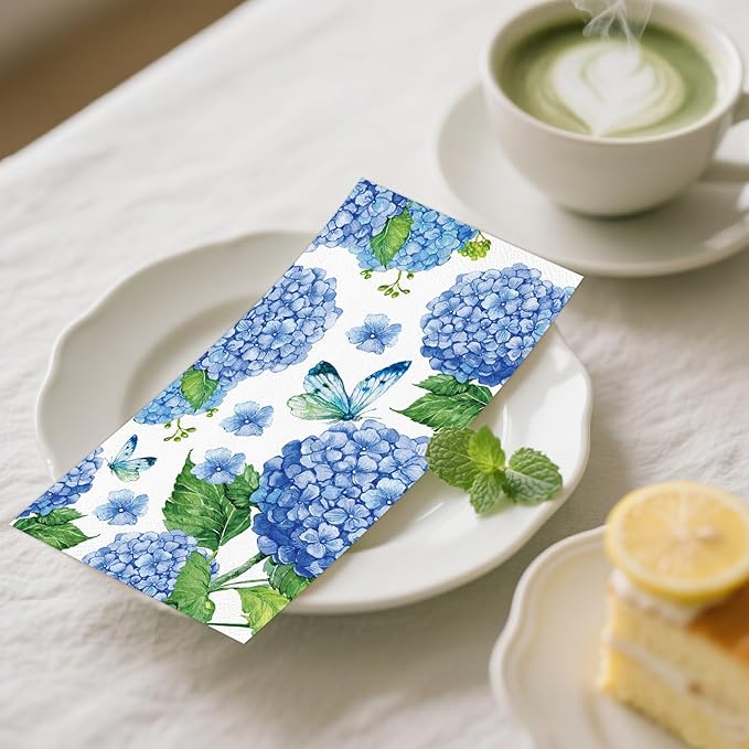 100 PCS Hydrangea Paper Napkins, Disposable Bathroom Hand Towels Blue and White - Image 6