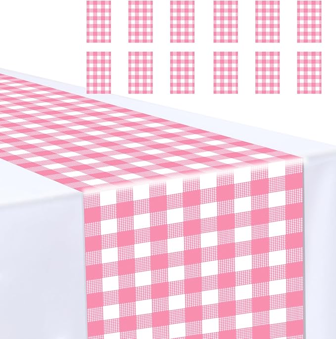 12 Pcs Hot Pink and White Checkered Table Runner Plastic 14 x 108 Disposable by MUNILAIL