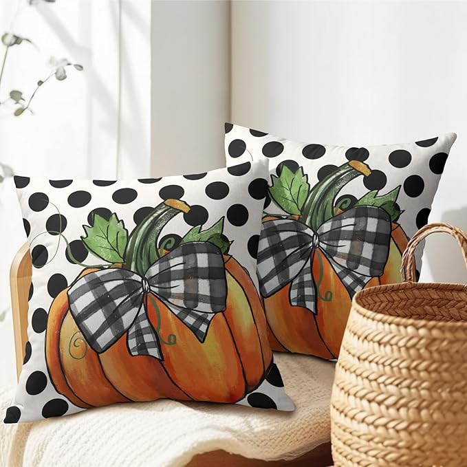 Fall Outdoor Pillows Covers 18x18 Inch Set of 2 Orange Pumpkin Black Polka Dot - Image 5