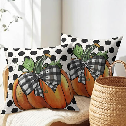 Fall Outdoor Pillows Covers 18x18 Inch Set of 2 Orange Pumpkin Black Polka Dot - Image 5