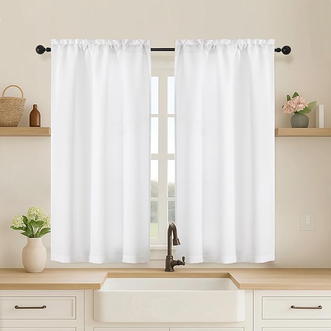 OVZME White Curtains Tier 45 Inch Length 2 Panels, Thick Textured Kitchen Door by OVZME