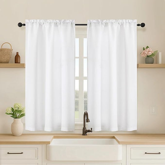 OVZME White Curtains Tier 45 Inch Length 2 Panels, Thick Textured Kitchen Door by OVZME