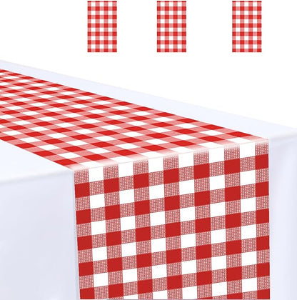 3 Pcs Red and White Checkered Table Runner Plastic 14 x 108 Disposable Gingham by MUNILAIL