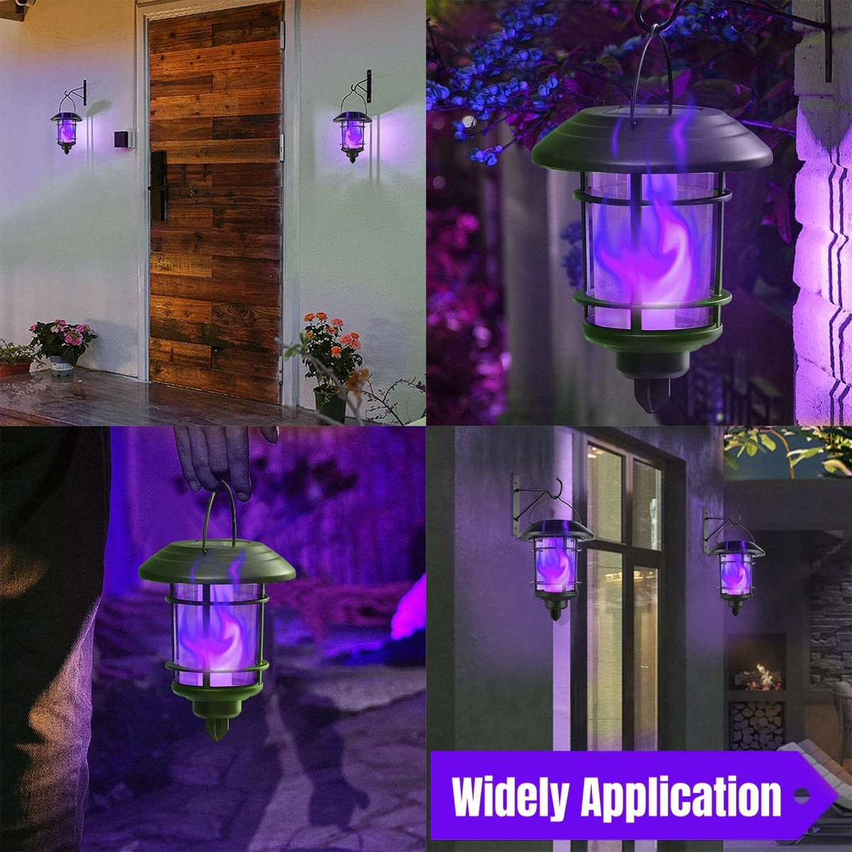 Dynaming Solar Purple Flame Wall Lanterns, Outdoor Halloween Hanging Lights, Flickering Flame LED Auto On/Off Wall Mounted Sconce Lights with Hooks, Waterproof for Garage Stair Patio Porch, 4 Pack