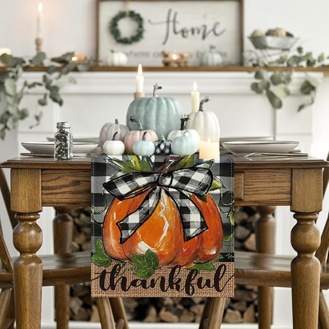 Artoid Mode Buffalo Plaid Bowknot Pumpkin Thankful Fall Table Runner, Autumn - Image 2