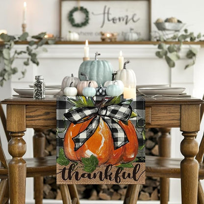 Artoid Mode Buffalo Plaid Bowknot Pumpkin Thankful Fall Table Runner, Autumn - Image 2