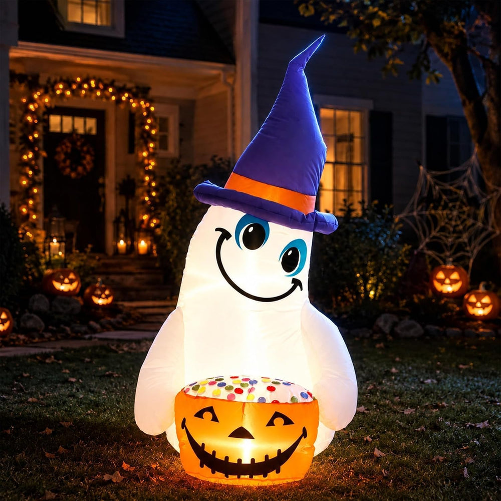 4FT Halloween Inflatable Outdoor Decorations, Blow Up Cute Ghost with Witch H...
