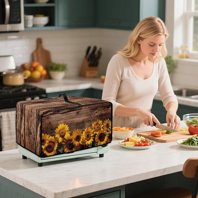 Microwave Oven Cover Vintage Sunflower Wood Grain Print Waterproof Toaster Oven - Image 4