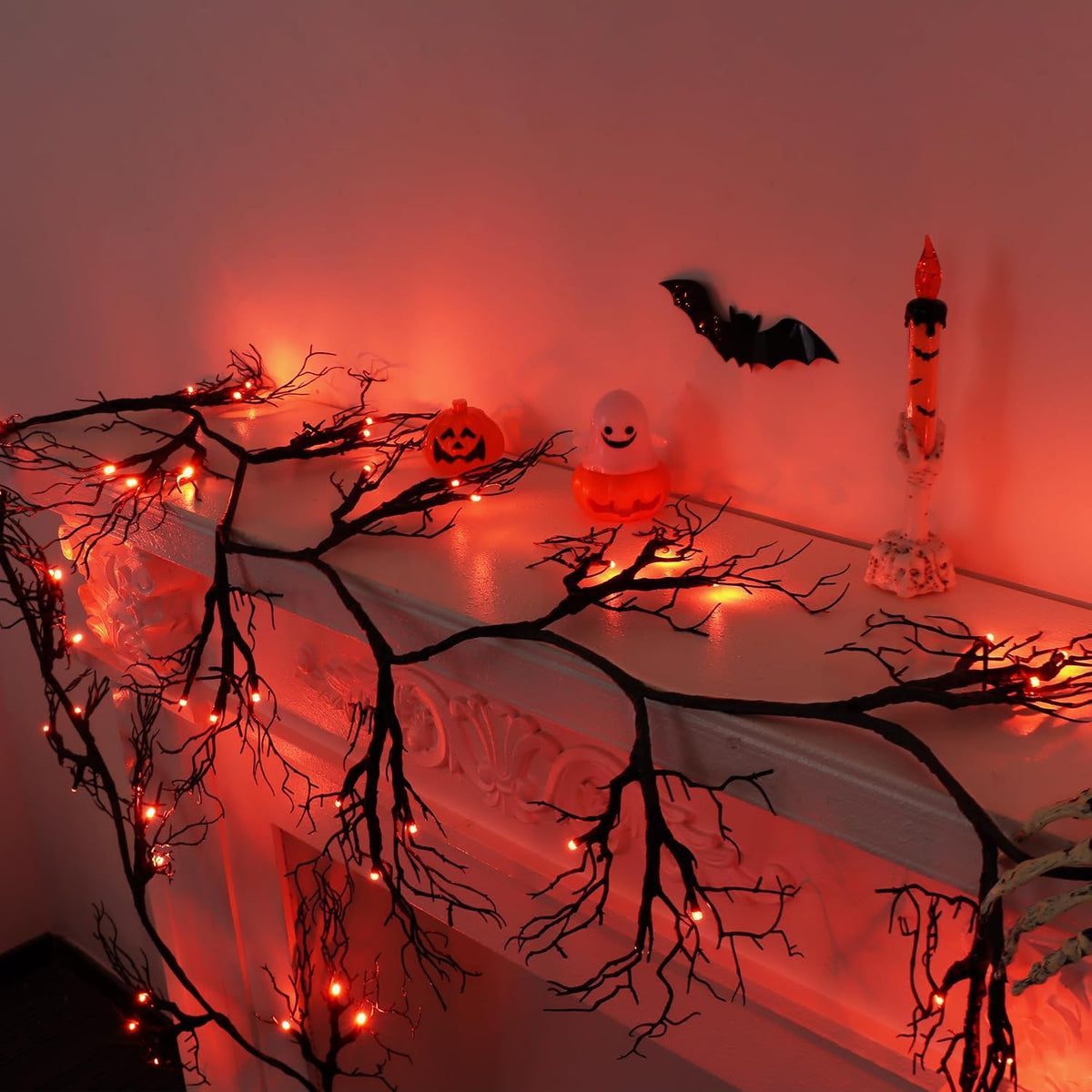 9 Ft 66 LED Willow Vine Twig Decor Black Halloween Garland with Orange Lights, Timer 8 Modes Waterproof Battery Operated Indoor Halloween Decorations for Wall Fireplace Mantle Home Office Party Decor