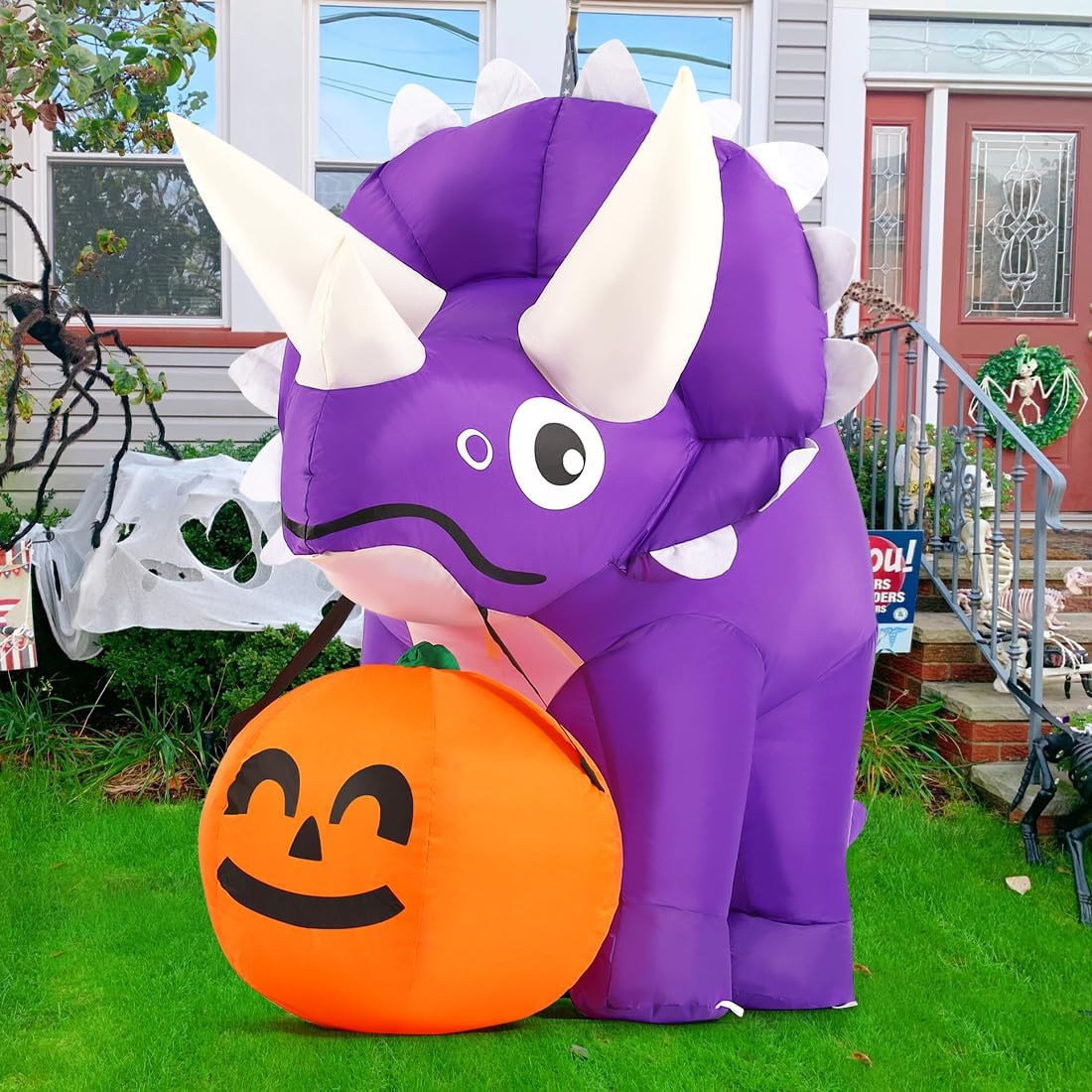 GOOSH 5 FT Width Halloween Inflatables Dinosaur Outdoor Decorations Blow Up Yard Dinosaur with Pumpkin with Built-in LEDs for Garden Lawn Indoor Party Decor