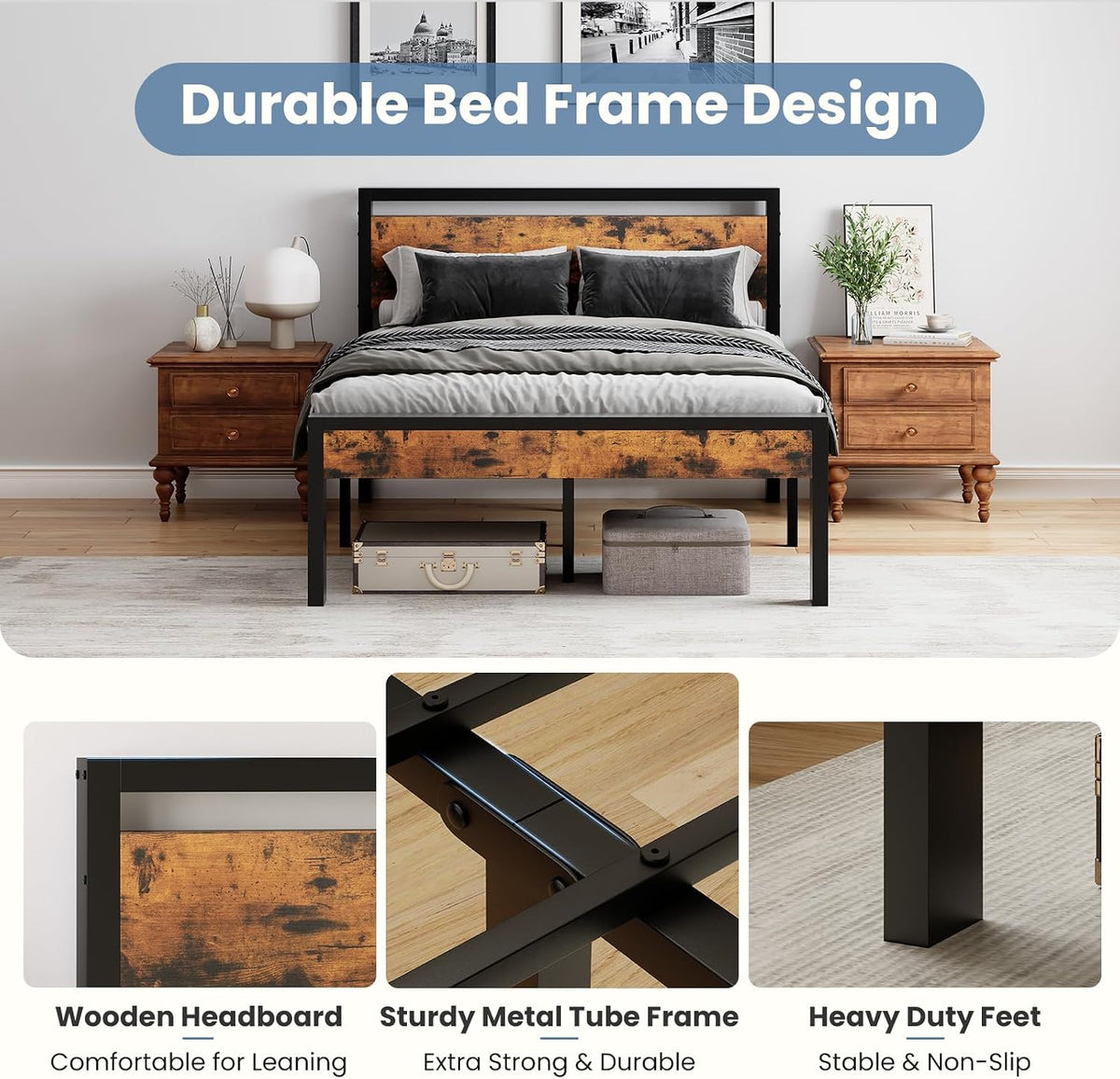 olixis metal queen bed frame with wood headboard showing dimensions