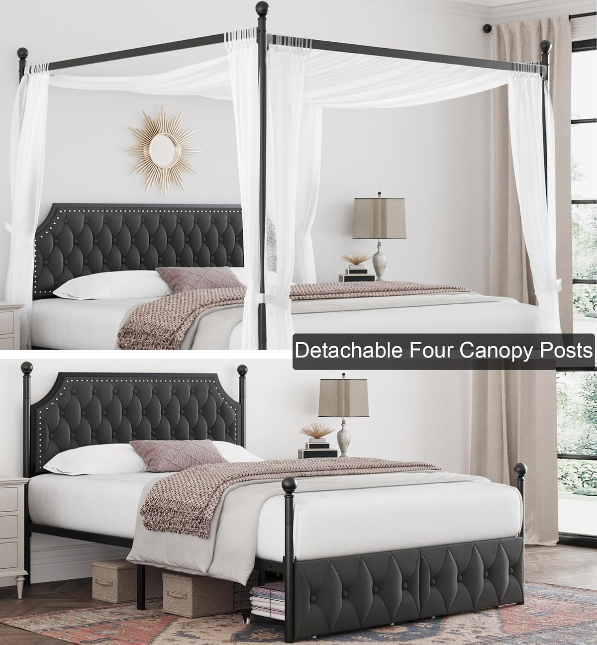 keyluv queen upholstered canopy bed frame with 2, side view