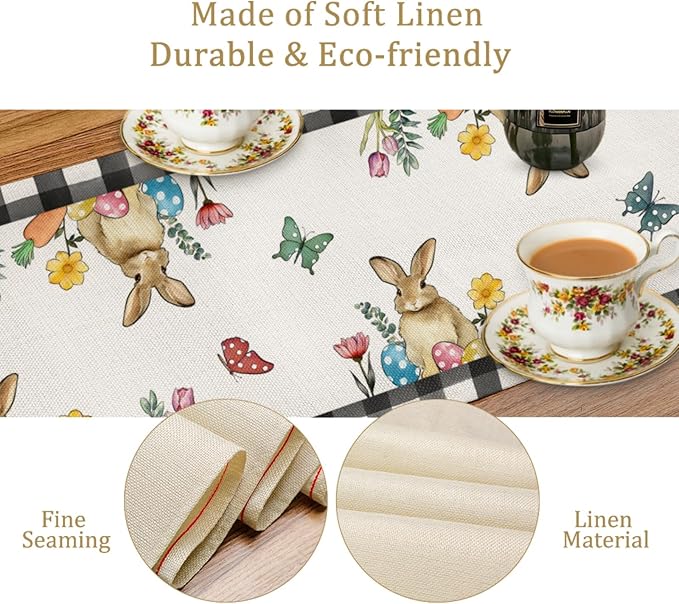Easter Bunnies Table Runner, Easter Eggs Linen Farmhouse Table Runners - Image 4