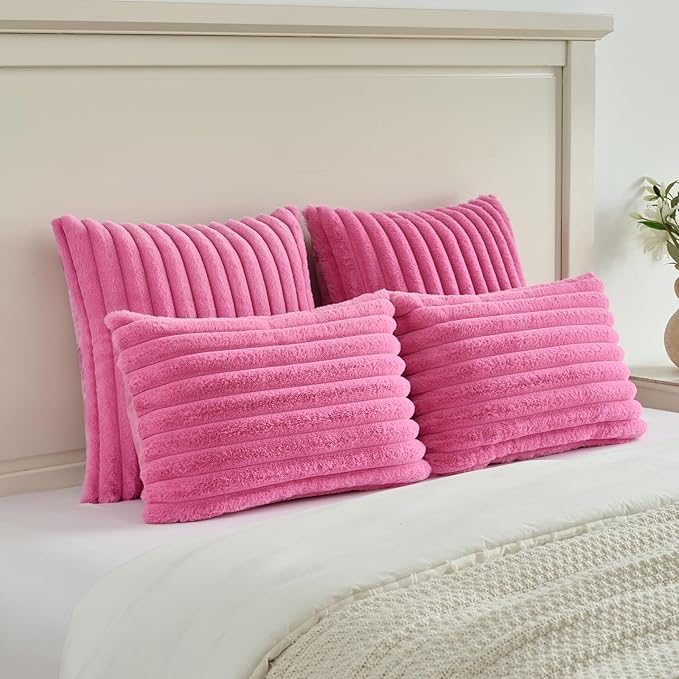 FUTEI Hot Pink Throw Pillow Covers Set of 2, 12x20 Inch Striped Texture Lumbar - Image 5