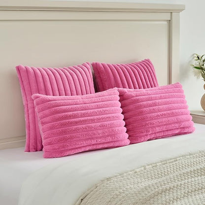 FUTEI Hot Pink Throw Pillow Covers Set of 2, 12x20 Inch Striped Texture Lumbar - Image 5