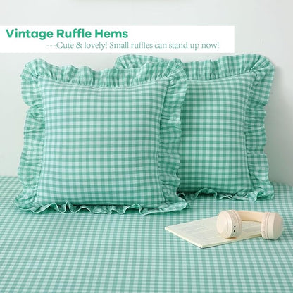 2 Pack Spa Blue Gingham Ruffle Euro Sham Pillow Covers, 100% Washed Cotton - Image 3