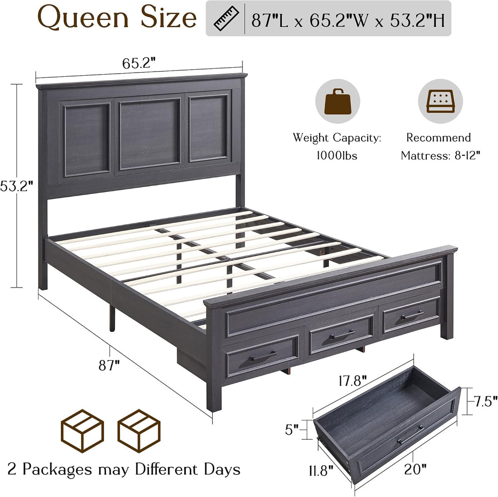 ACCOHOHO Farmhouse Queen Size Bed Frame with 53" Tall Headboard, Black