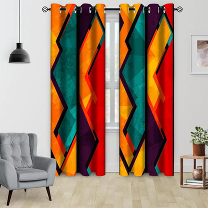 colorful abstract blackout window curtains, geometric red orange, side view
