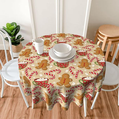 Christmas Tablecloth Round 70×70 Inch, Gingerbread Man Candy Cane Holiday - Image 2