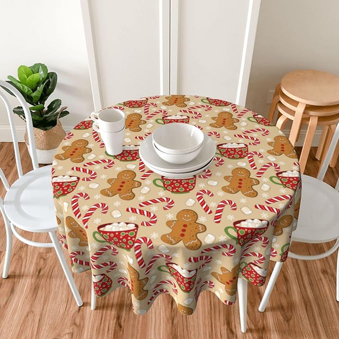 Christmas Tablecloth Round 60×60 Inch, Gingerbread Man Candy Cane Holiday - Image 3