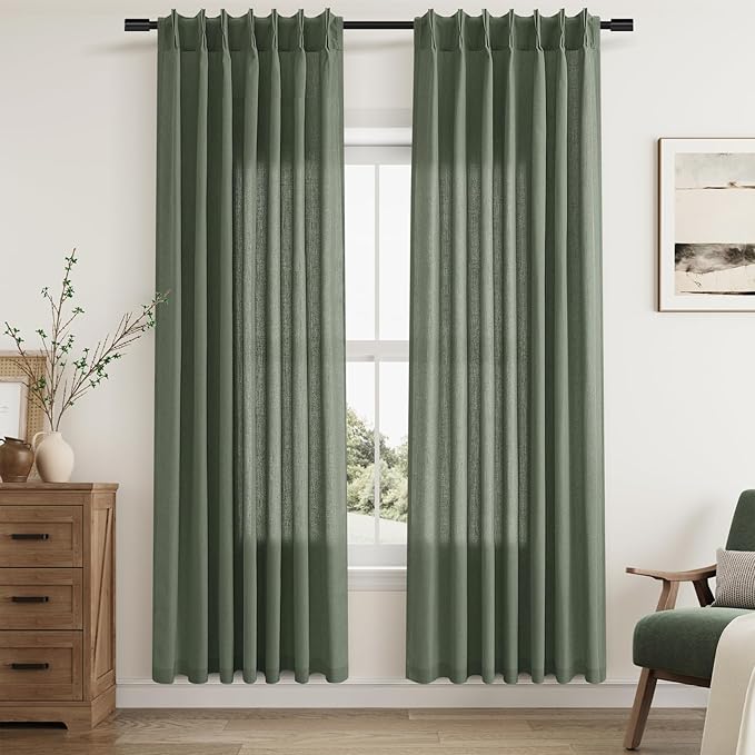 Olive Green Pinch Pleat Linen Curtains 80 Inch Length 2 Panels Set - Image 7