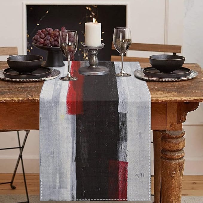 Emvency Black and White Table Runner, Modern Grey Red Art Painting by Emvency