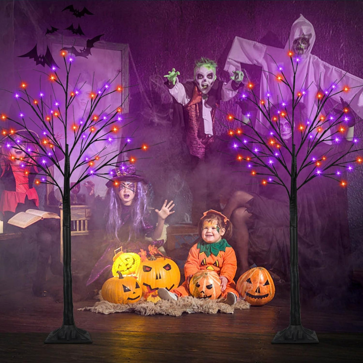 2 Pack 5FT Black Halloween Tree with 200 LED Orange and Purple Lights