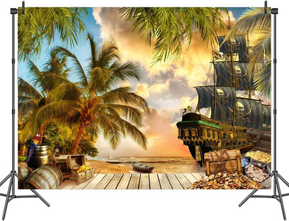 10X8ft Pirate Theme Photo Backdrop Photography Background, Pirate Ship Treasure Chest Map Gun Halloween Trunk or Treat Backdrops Photo Booth Prop Decorations Wall Decor Tablecloth