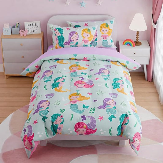 SANDJEST Mermaid Bedding Twin for Girls, Ultra Soft Microfiber Comforter Set by SANDJEST