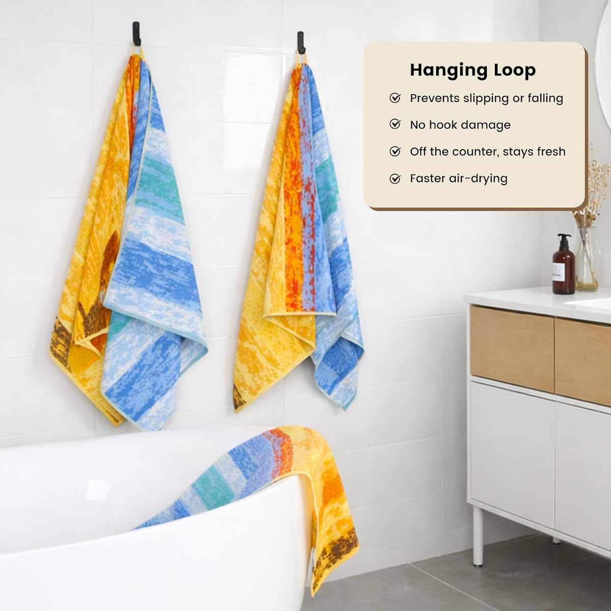 cotton bath towels with hanging loop, 55 x, side view