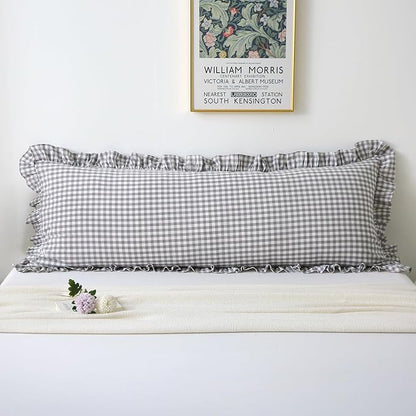 Grey White Plaid Ruffle Gingham Bedding Body Pillow Cover, 100% Washed Cotton by KMASANIJI