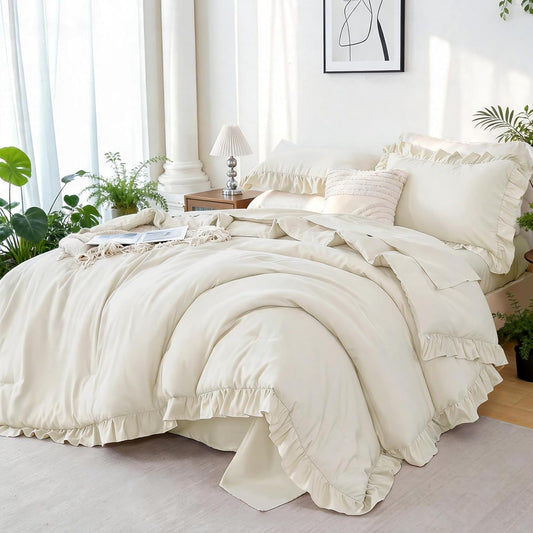 zrnbast beige king comforter set 5 pieces ruffle, main product view