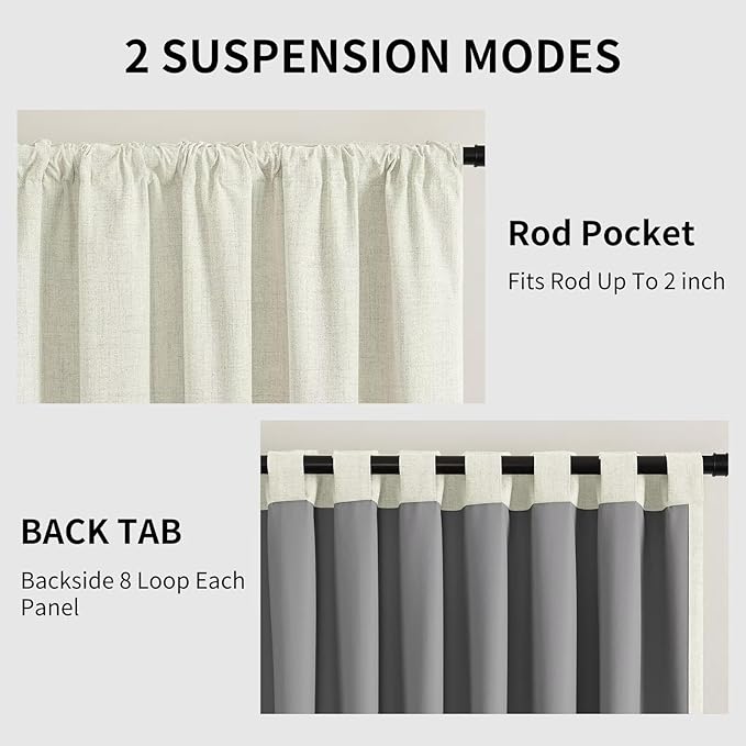 CUCRAF Custom Linen 100% Total Blackout Curtains, Light Beige Back Tab and Rod - Image 3