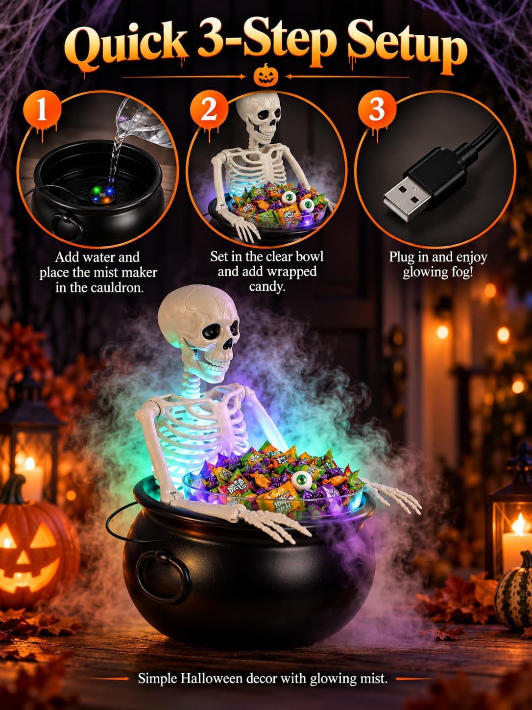 HOMELEX Halloween Cauldron Candy Bowl with Skeleton, LED Mist Maker Decor for Porch Party Table