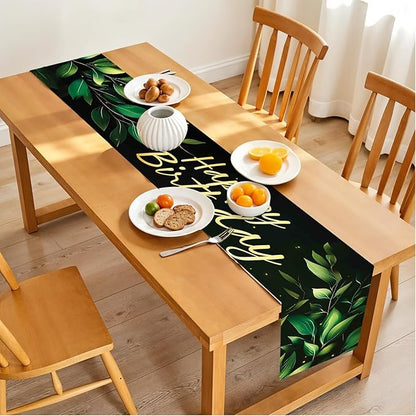 Happy Birthday Table Runner – Green Leaf and Gold Lettering Party Table Decor – - Image 3