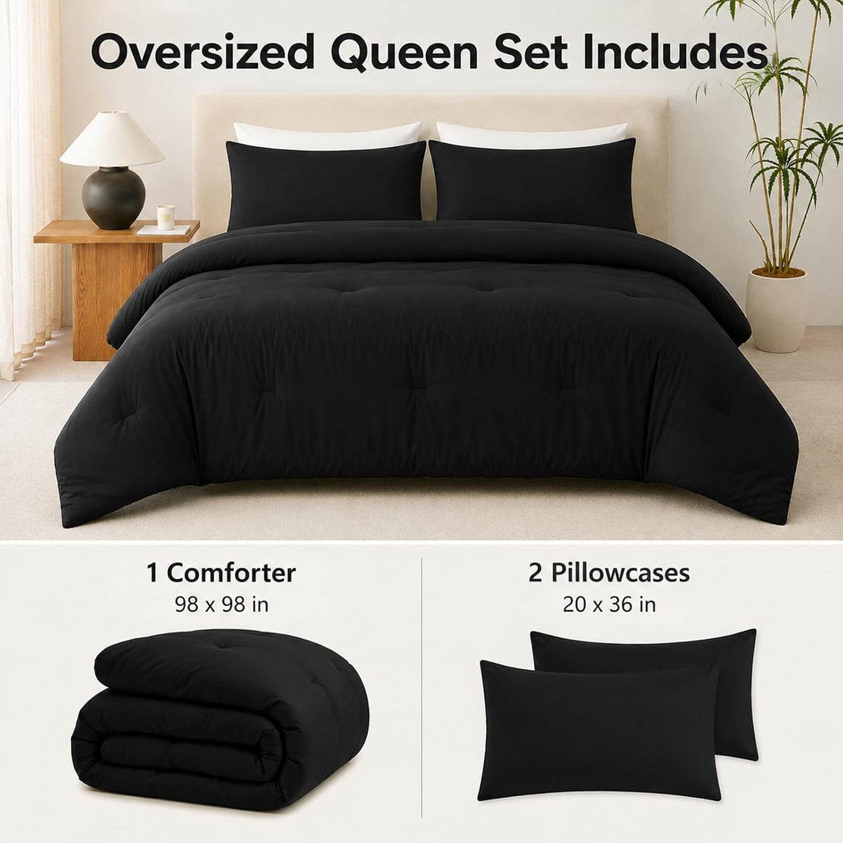 cozylux oversized queen comforter set, 3 pieces black shown in use