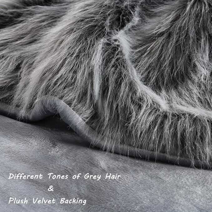 Luxury Faux Fur Blanket Queen Size, Ultra Big Grey and Black High Pile Mixed - Image 2