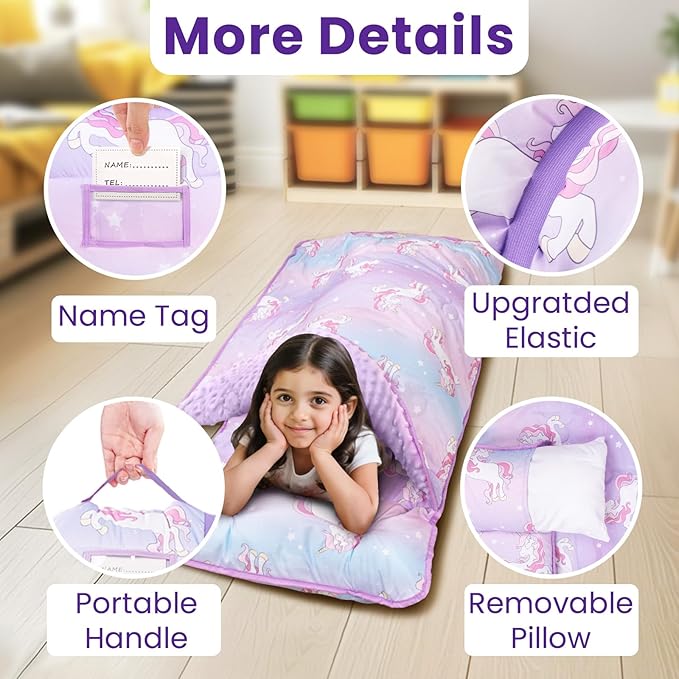 Toddler Nap Mat with Pillow and Minky Blanket, Large 55"x35" Sleeping Bag - Image 5