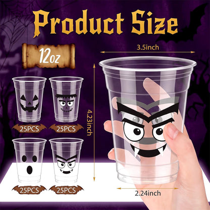 Bokon 100 Pcs 12 oz Halloween Plastic Cups, Cute Spooky