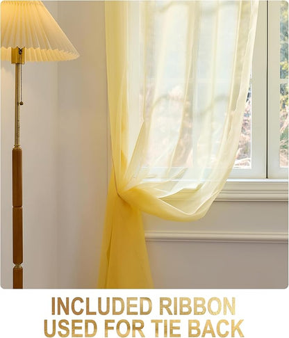 Foil Stripe Mustard Sheer Curtains 108 inches Length 2 Panels - Image 4